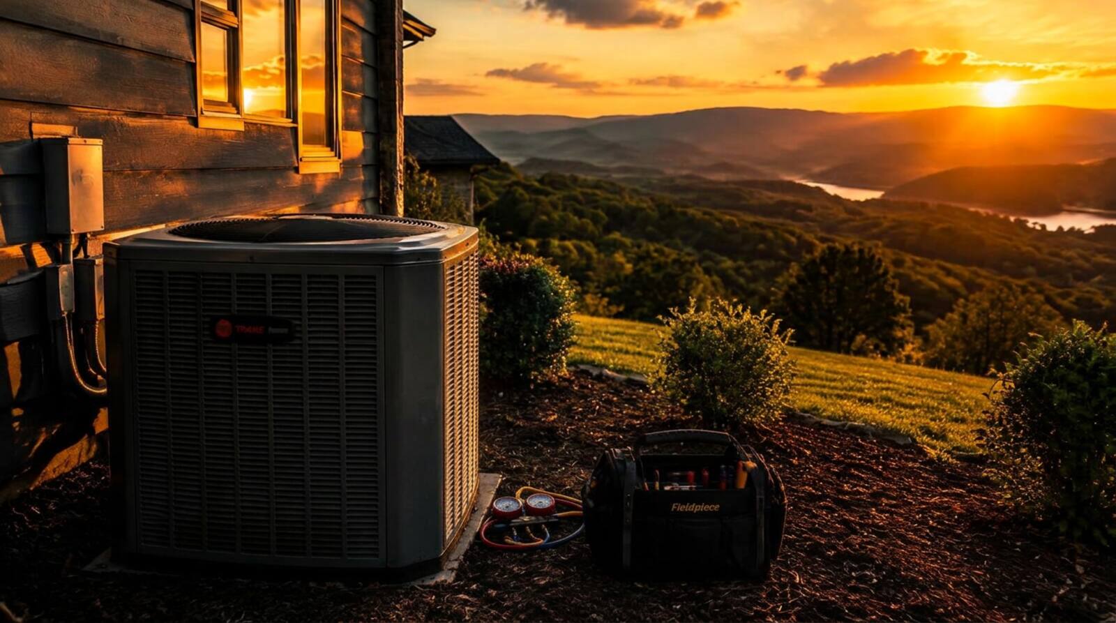 Outdoor HVAC condenser unit beside a home at sunset in East Tennessee